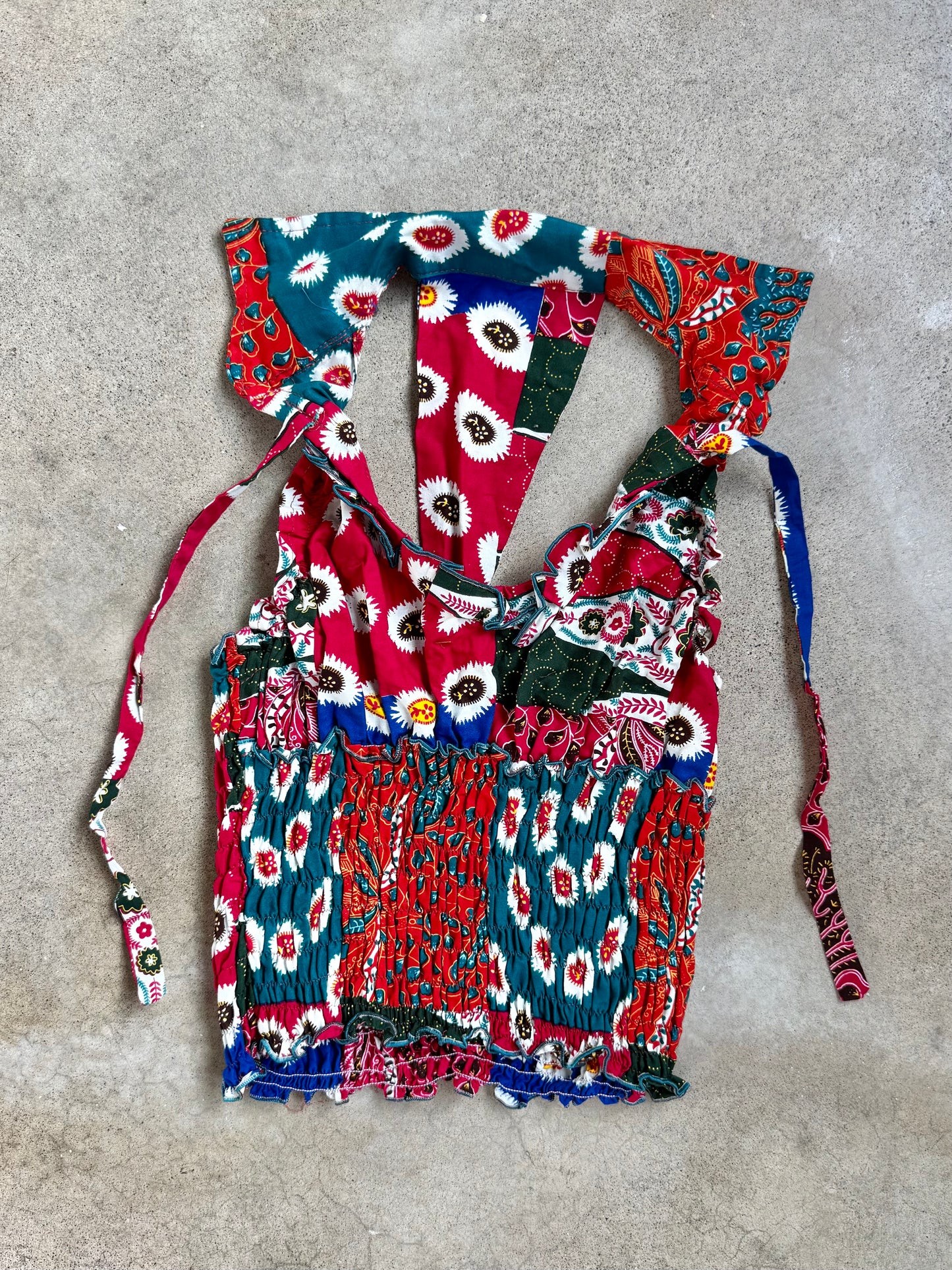 Vintage Handmade Boho Patchwork Shirred Halter Top | S/M