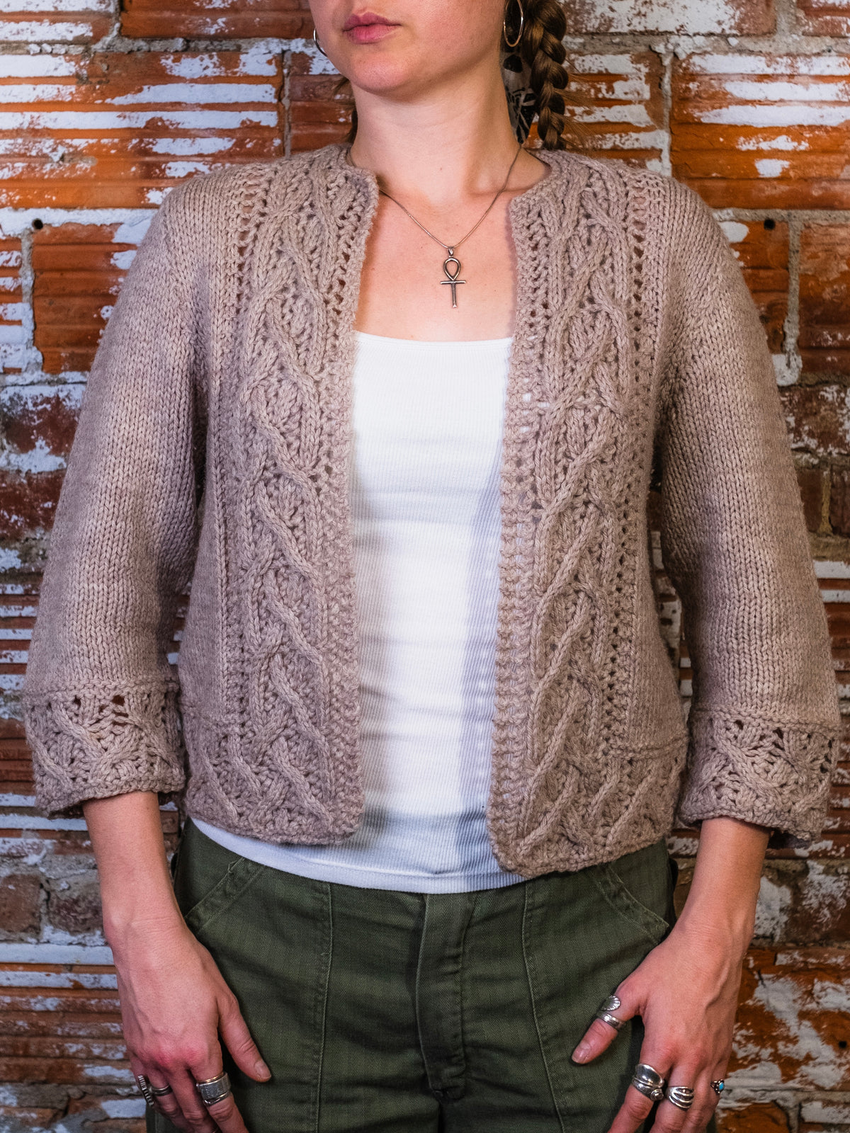 Vintage Handmade Grey Cable Knit Cropped Open Cardigan | S/M