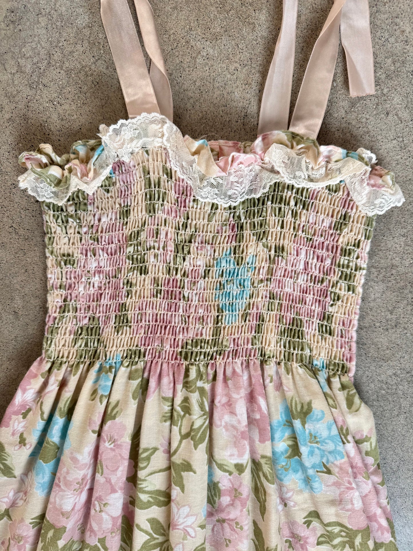 Vintage Pastel Floral Smocked Ribbon Strap Summer Dress | XS