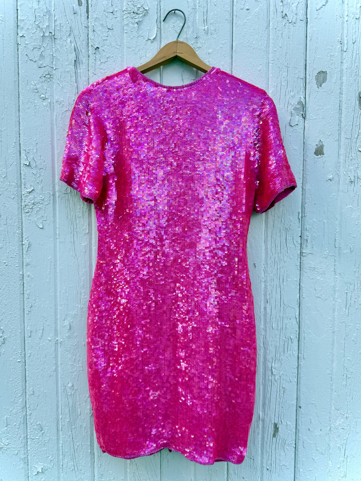 Vintage 1990s Modi Hot Pink Sequined 100% Silk Dress | Small
