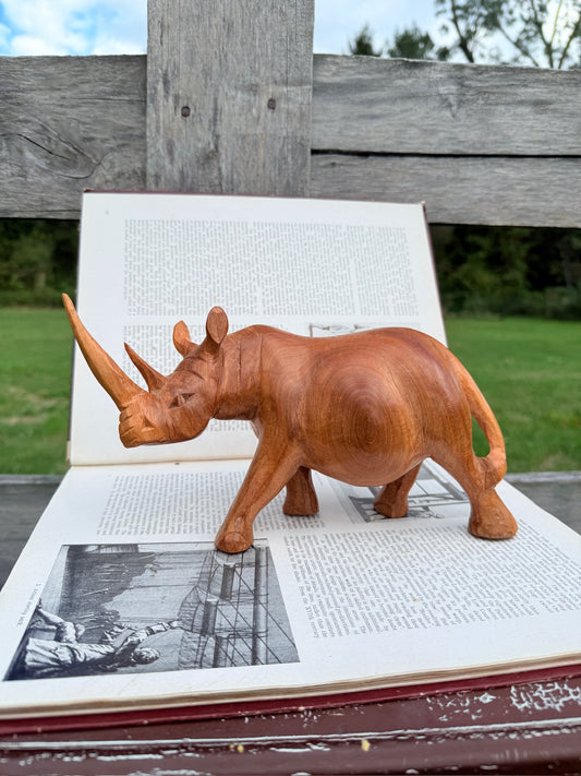 Vintage 1950s Hand-Carved Wooden Rhino Figurine