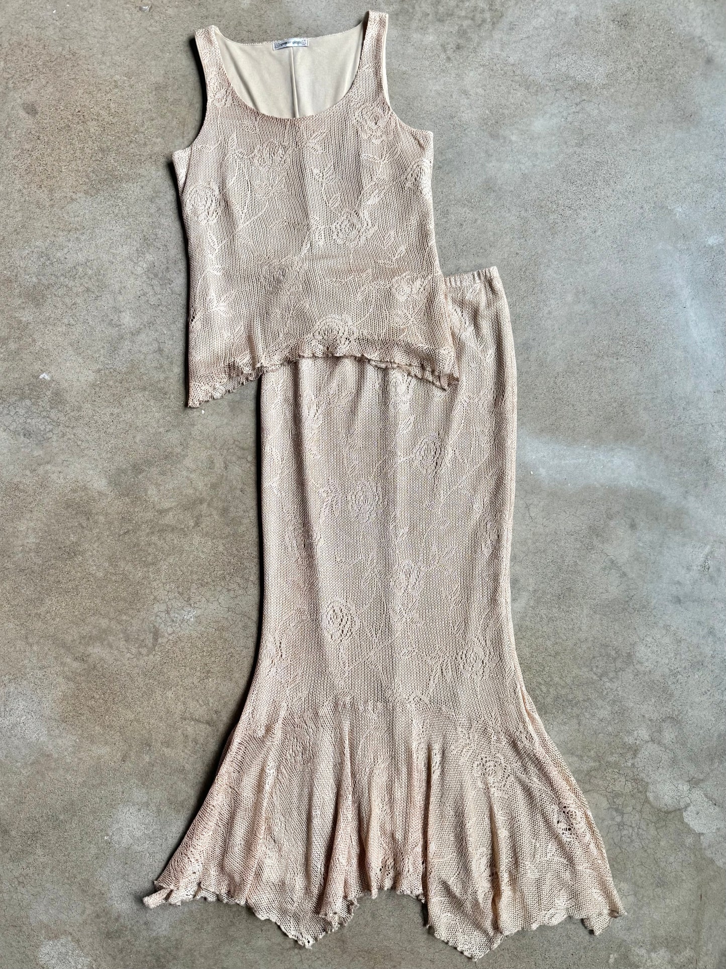 Vintage 1990s Spencer Alexis Gold Metallic Crochet Two-Piece Skirt Set | Small