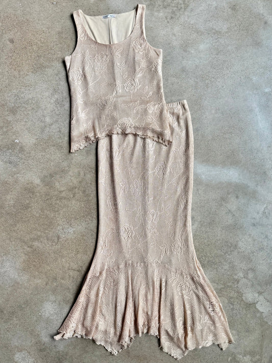 Vintage 1990s Spencer Alexis Gold Metallic Crochet Two-Piece Skirt Set | Small