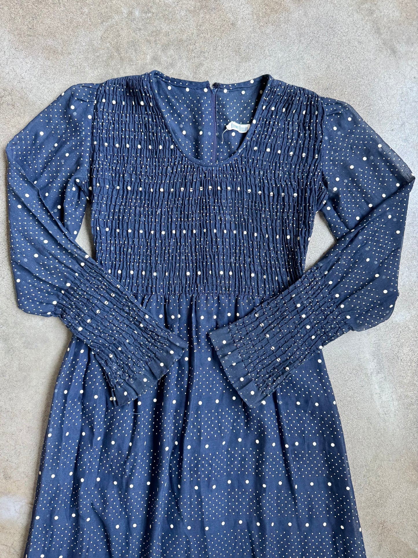 Vintage 1960s Bonwit Teller Navy Polka Dot Smocked Long Sleeve Maxi Dress | S/M
