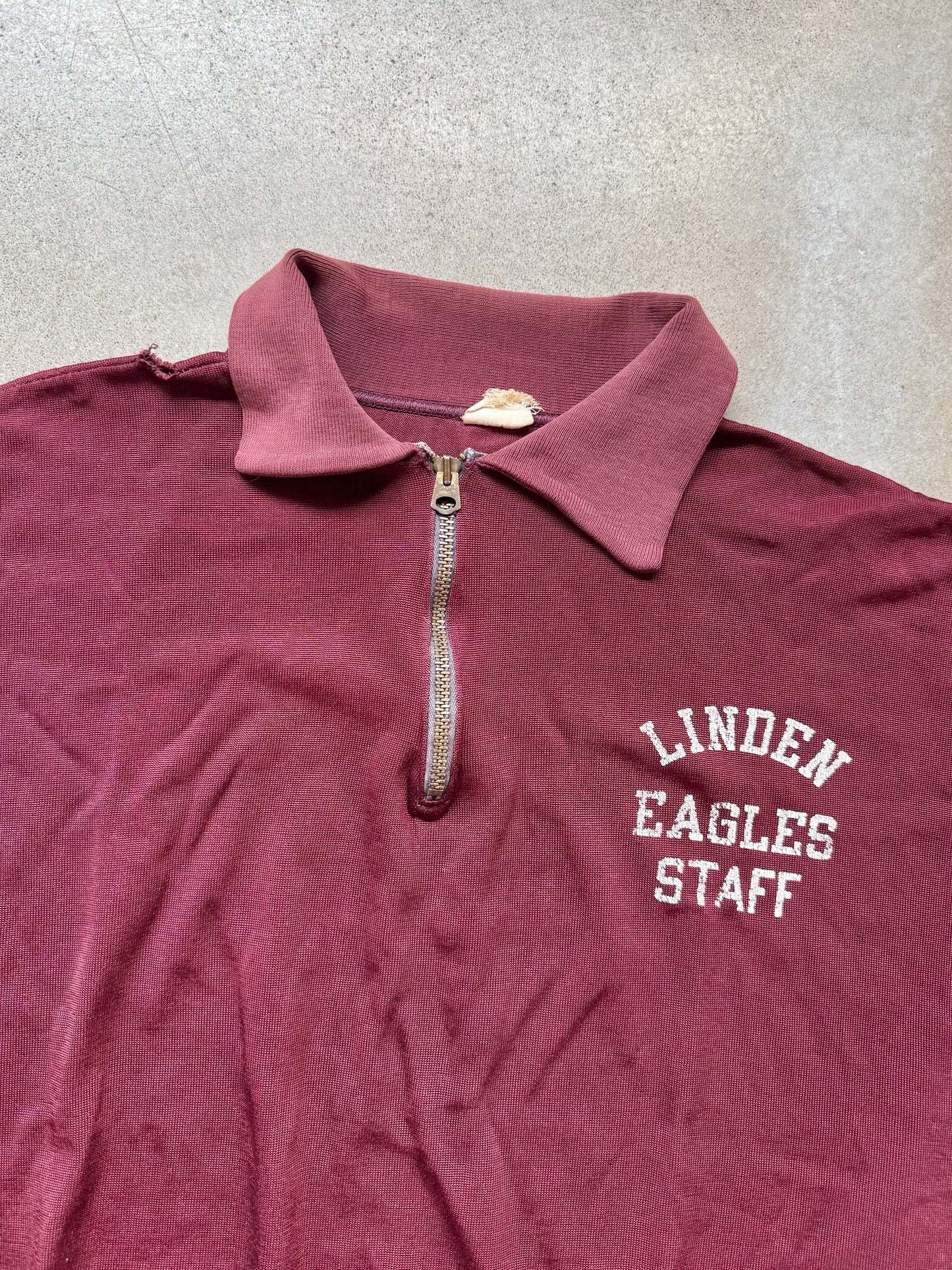 Vintage 1960s Champion Burgundy “Linden Eagles Staff” Quarter-Zip Polo Shirt | Large
