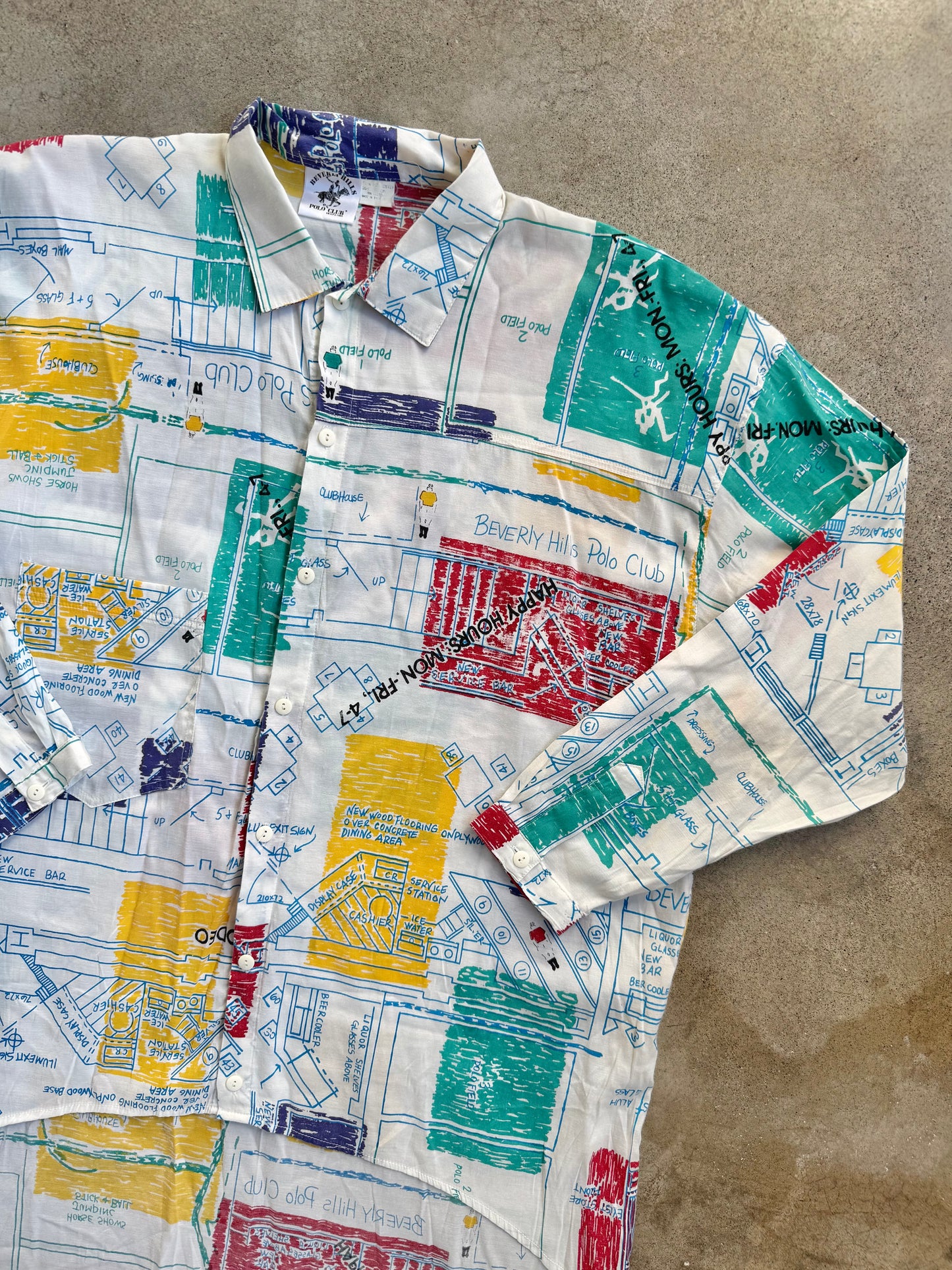 Vintage 1980s Beverly Hills Polo Club Retro Blueprint Collared Shirt | Medium