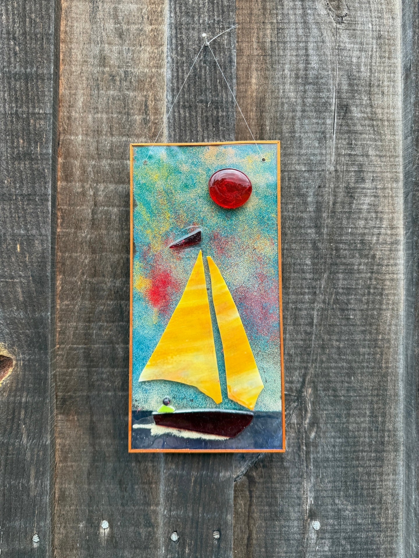 Vintage 1980s Handmade Stained Glass Sailboat Suncatcher