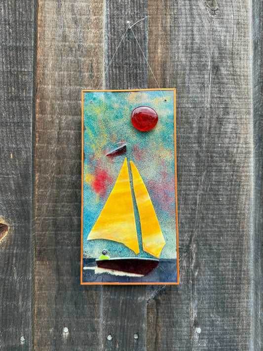 Vintage 1980s Handmade Stained Glass Sailboat Suncatcher