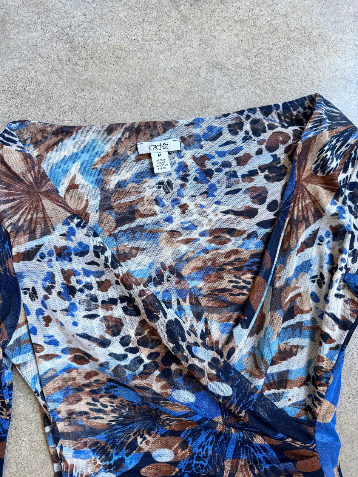 2000s Caché Blue Multi-Pattern Mesh Wrap Top | Medium