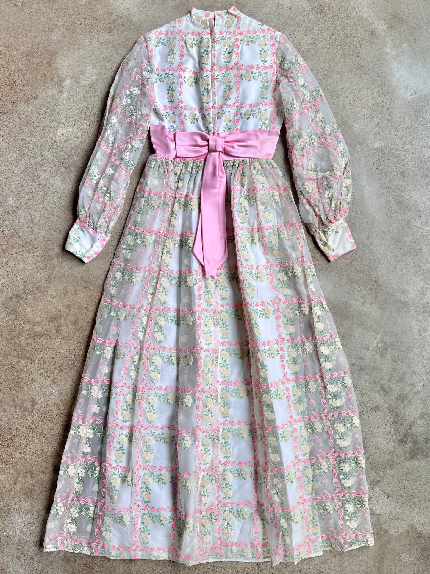Vintage 1960s White & Pink Floral High-Neck Empire Waist Formal Dress | Small