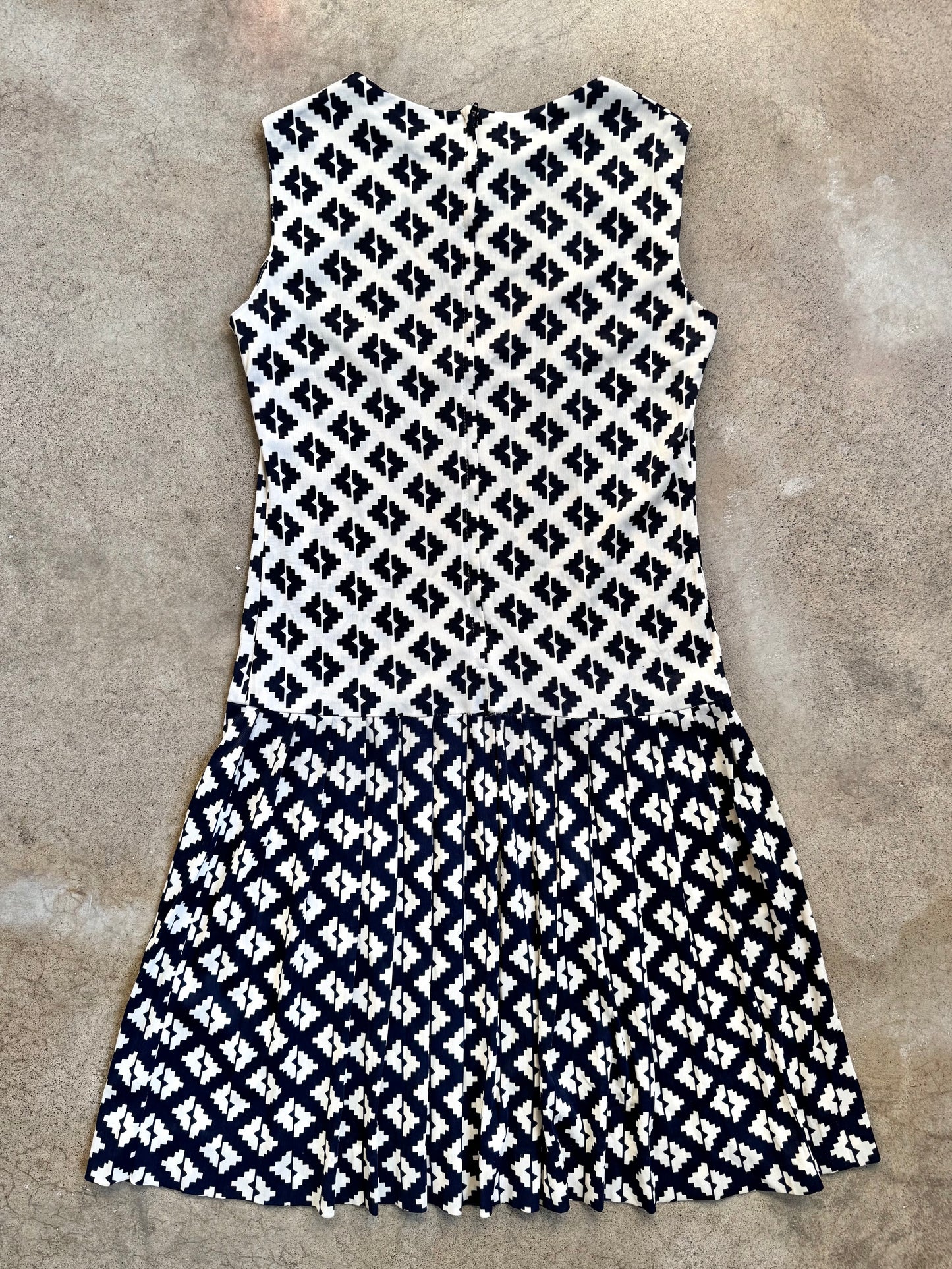Vintage 1960s Andrea Gayle Blue & White Geometric Pattern Drop Waist Dress | S/M