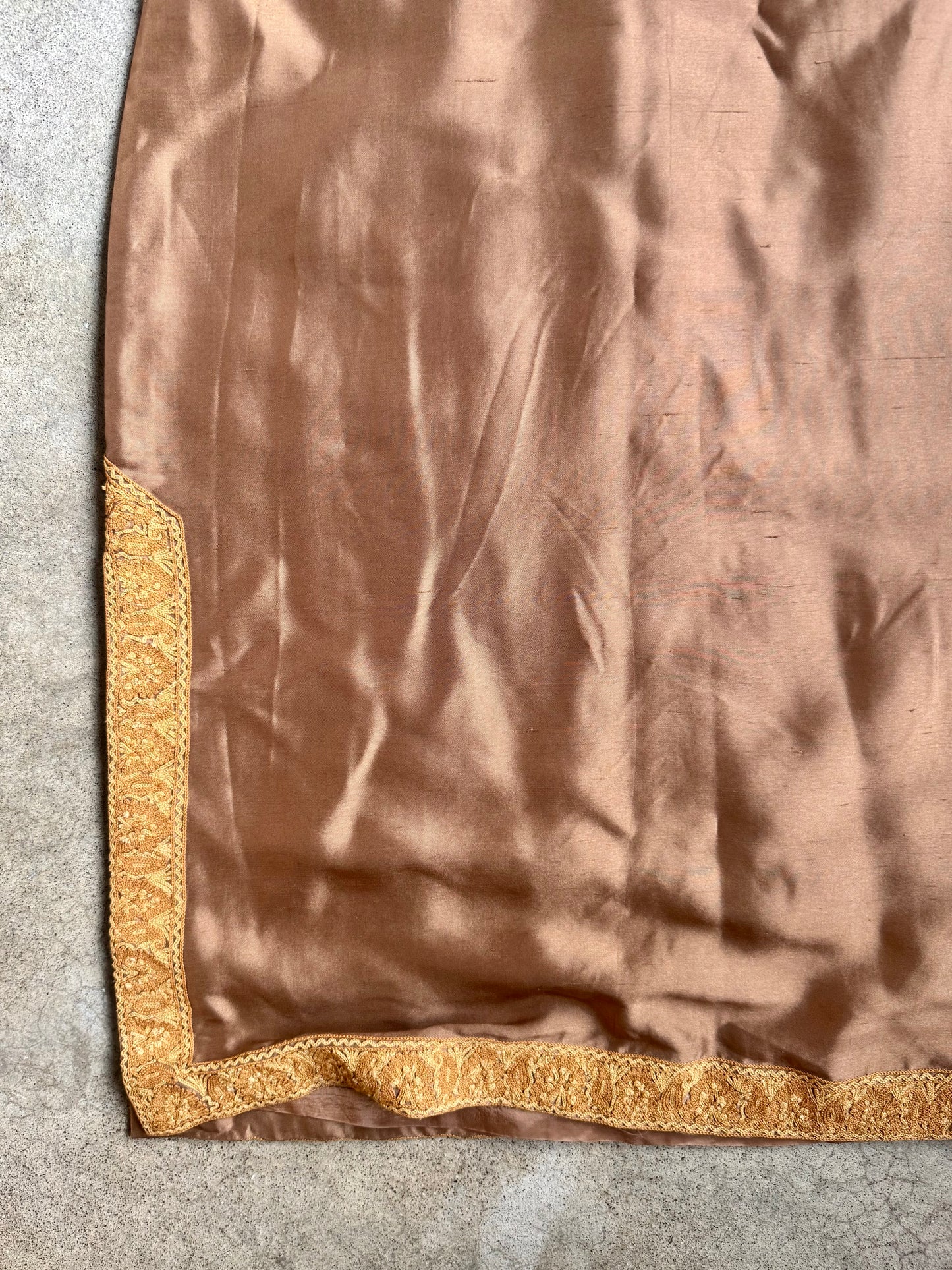 Vintage Brown Silk Sleeveless Tunic w/ Gold Embroidered Trim | Medium