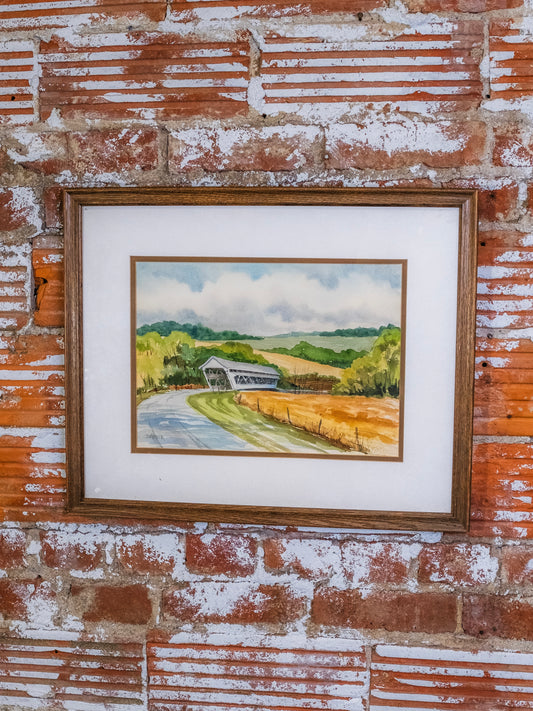 Vintage Framed “Rural Covered Bridge” Watercolor Artwork | Signed
