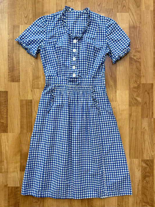 Vintage 1950s Blue Gingham Babydoll Dress | Small