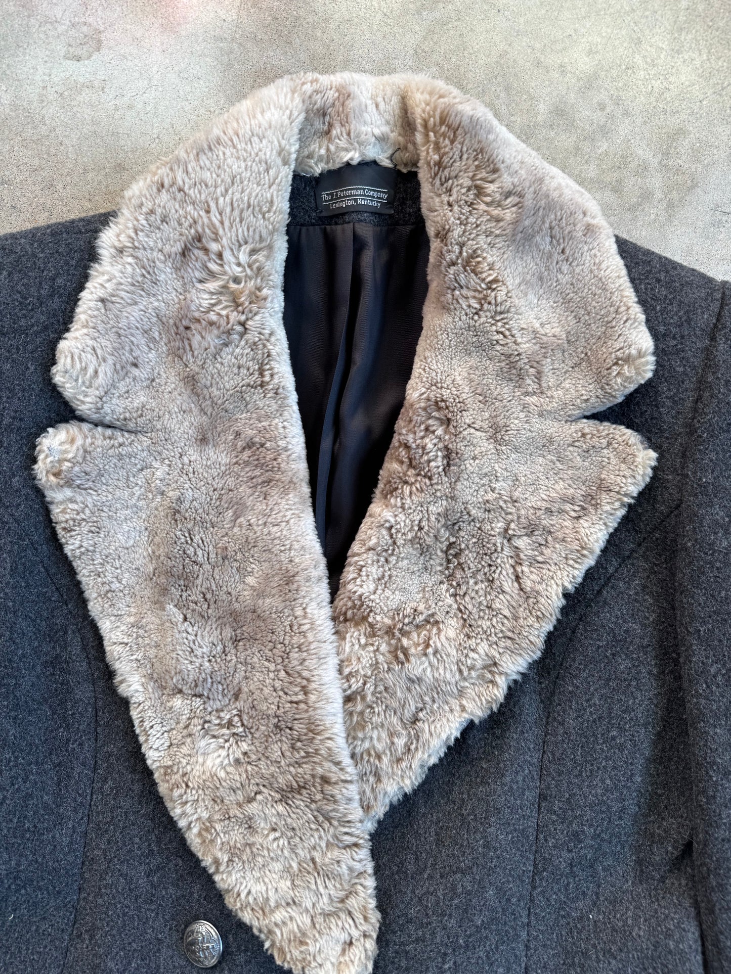 Vintage 1990s J. Peterman Grey Wool Faux Fur Collar Full-Length Coat | Medium