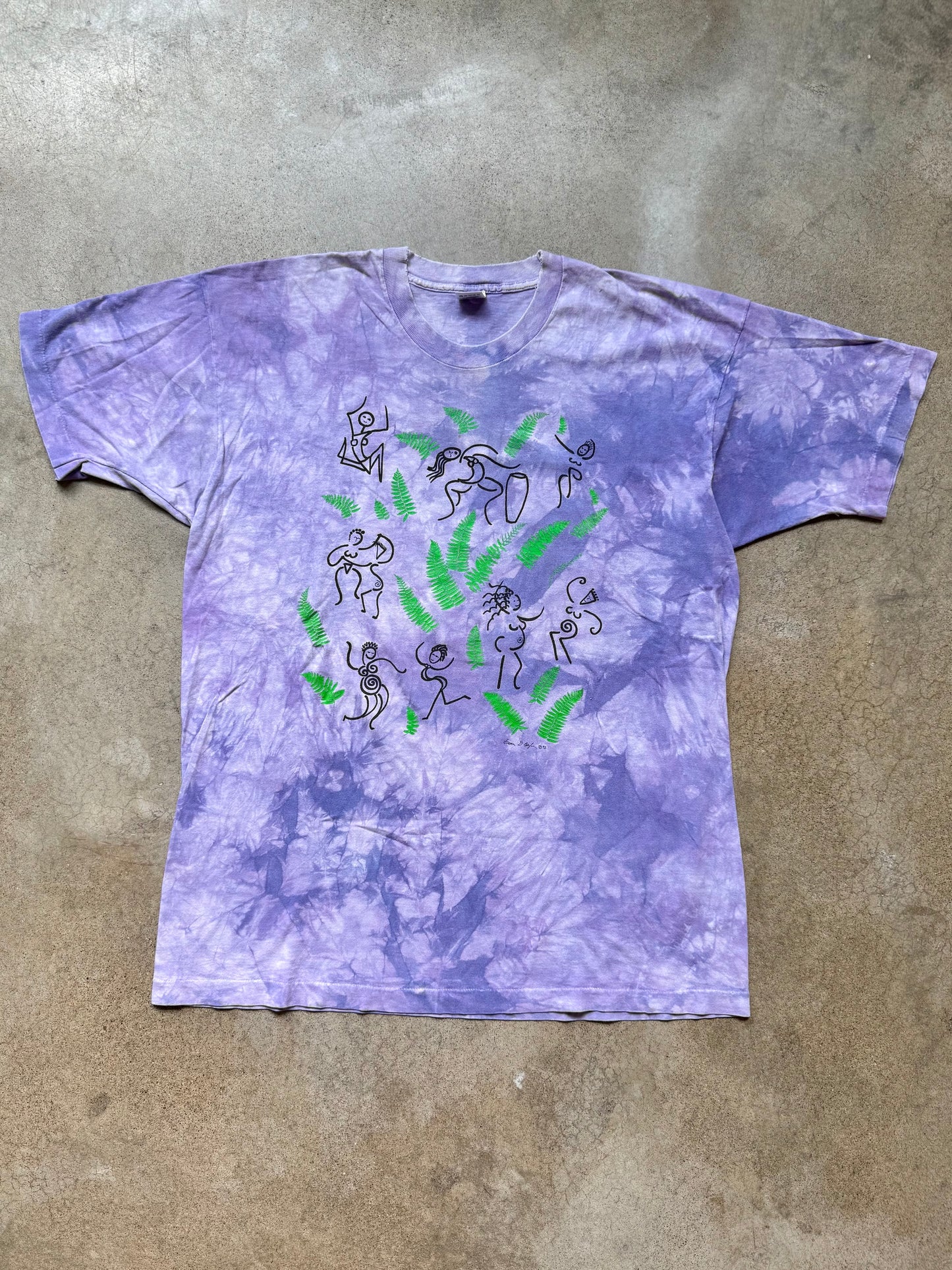 Vintage 1992 Purple Tie Dye “Dancing Figures” Artist Illustration Graphic Tee | XXL
