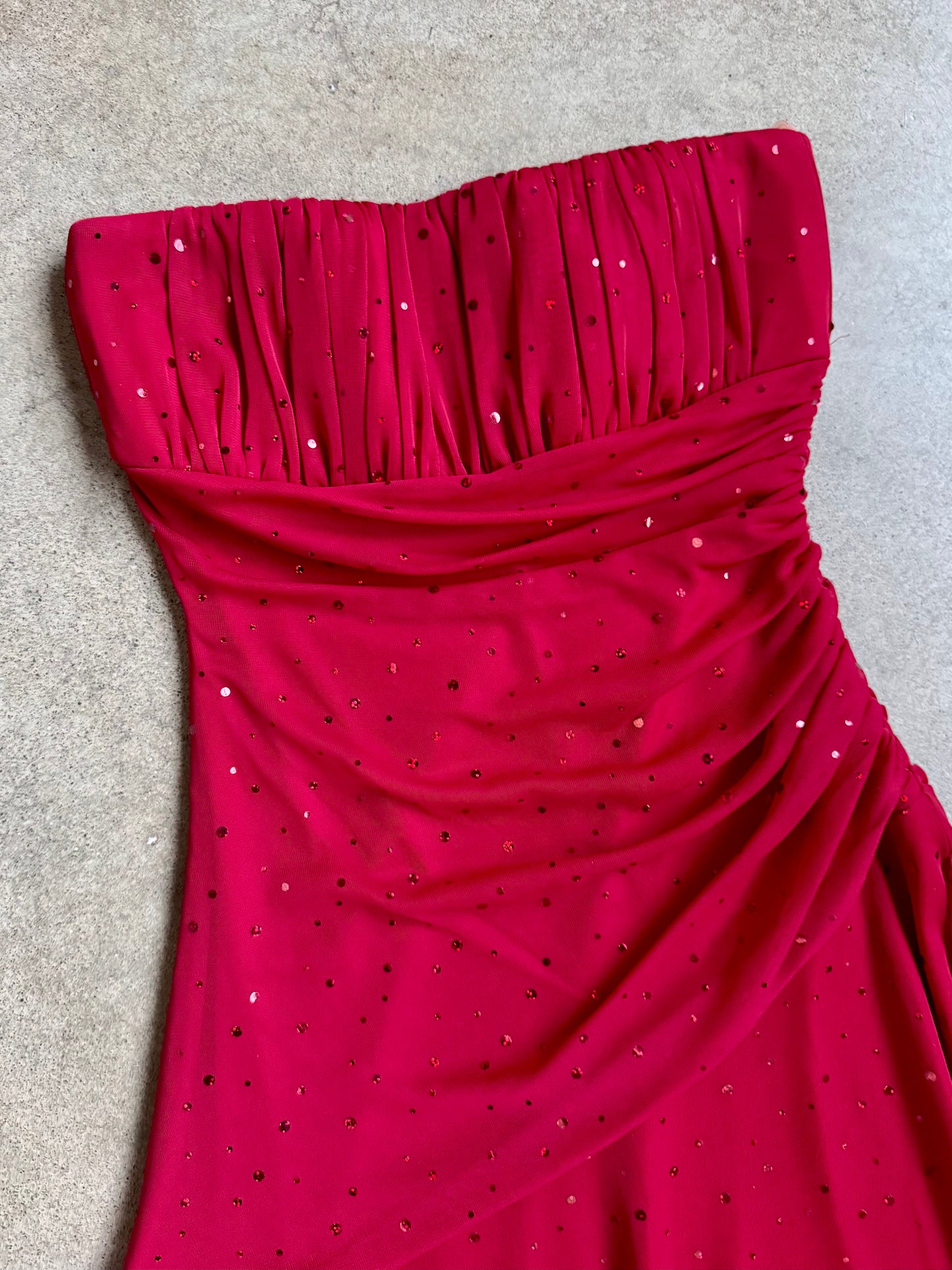 2000s Teeze Me Red Sequin Strapless Ruched Asymmetrical Dress | Small
