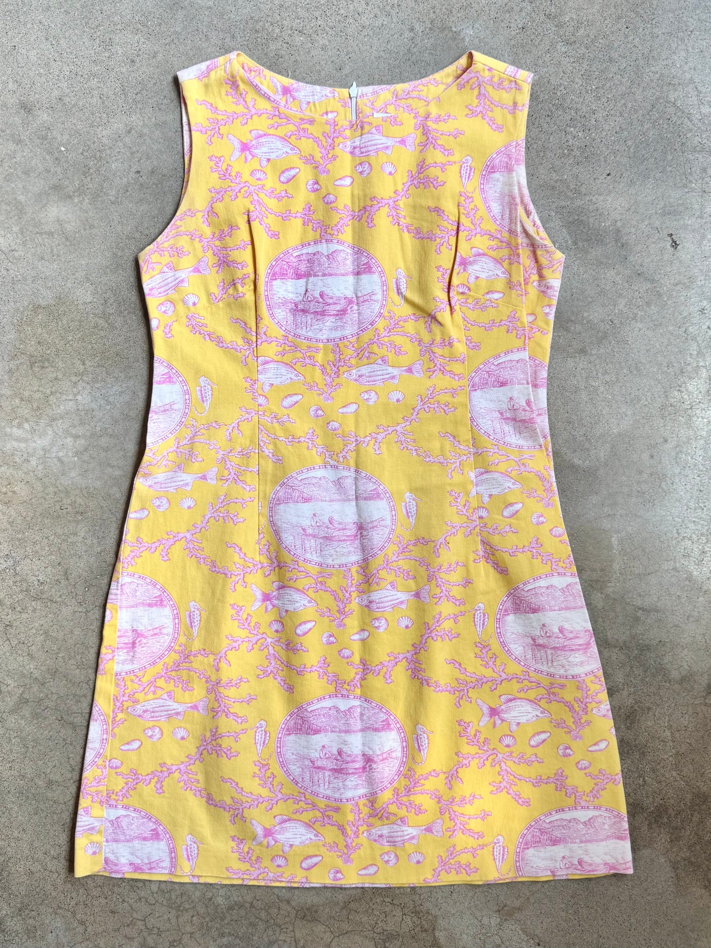 2000s Leggiadro Yellow & Pink Ocean Toile Print Shift Dress | Medium