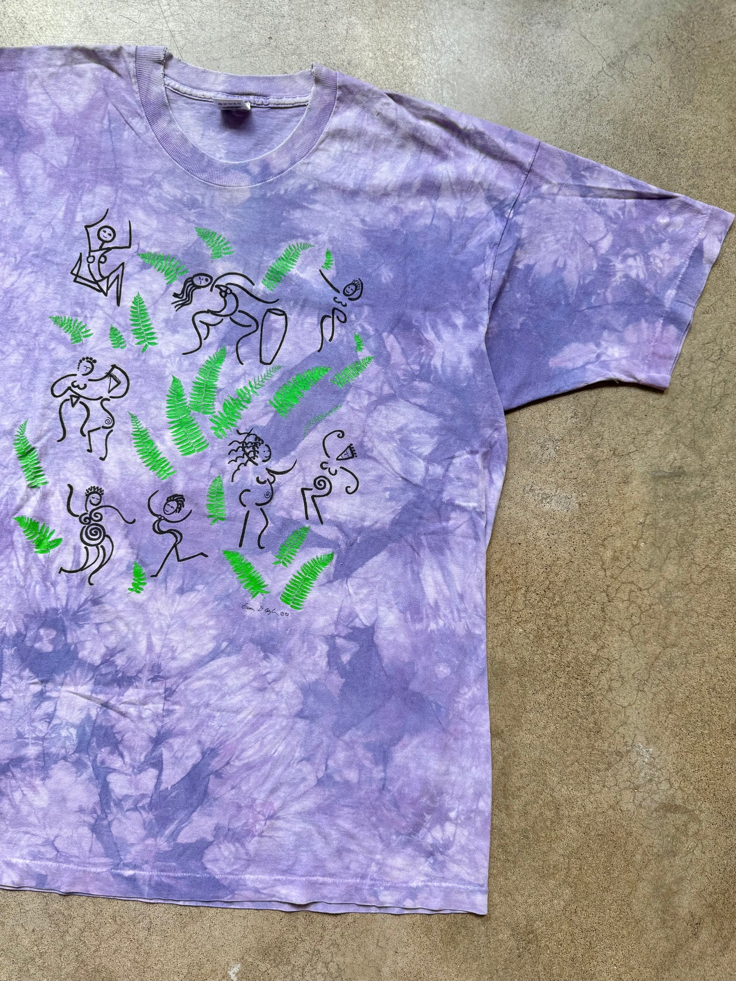 Vintage 1992 Purple Tie Dye “Dancing Figures” Artist Illustration Graphic Tee | XXL