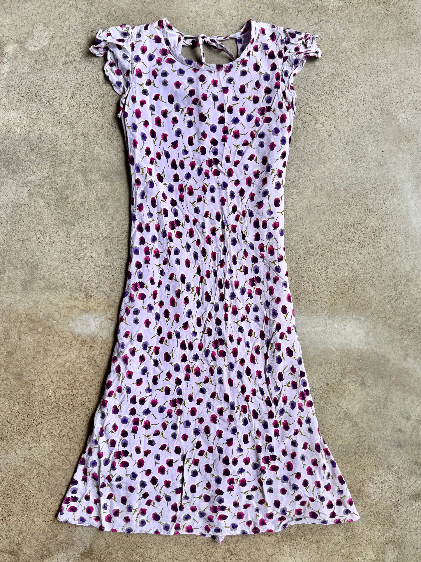 Vintage 1990s Plum Lavender Floral Print Flutter Sleeve Dress | XS