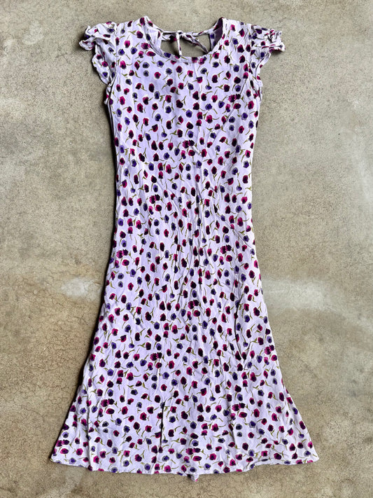 Vintage 1990s Plum Lavender Floral Print Flutter Sleeve Dress | XS