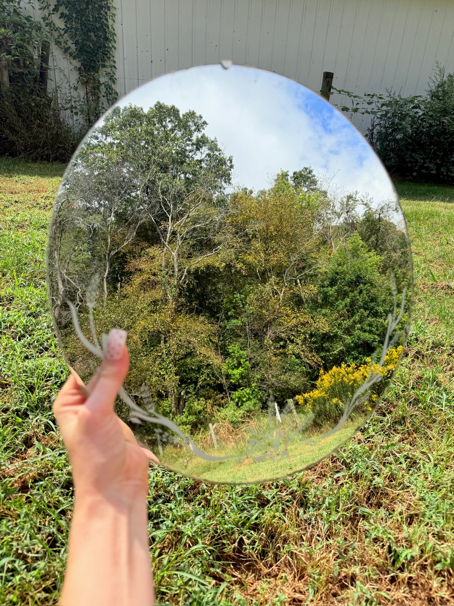 Vintage 1940s Round Floral Printed Mirror