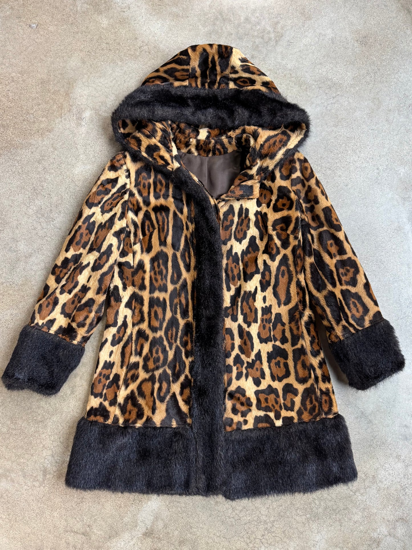 Vintage 1960s Mary Lane Faux Fur Cheetah Print Black Trim Hooded Jacket | Small