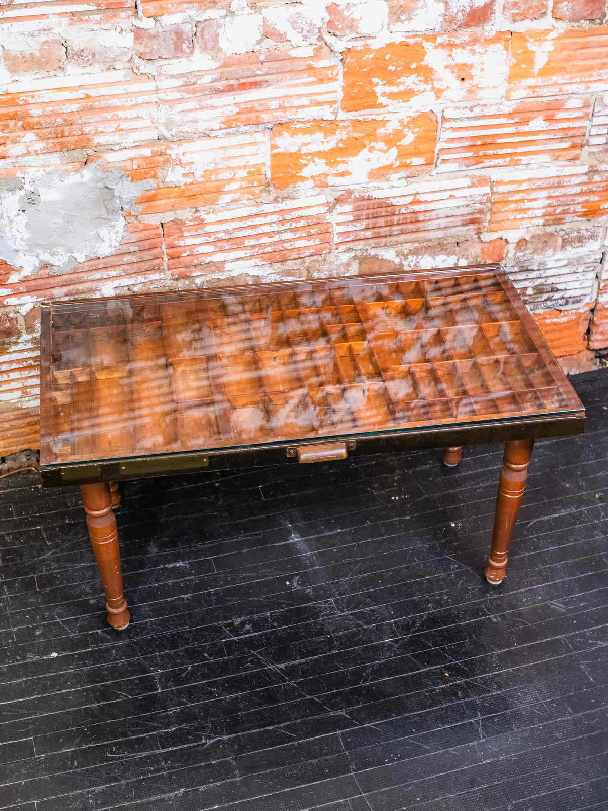 Vintage Hamilton Printer’s Drawer Glass Top Coffee Table