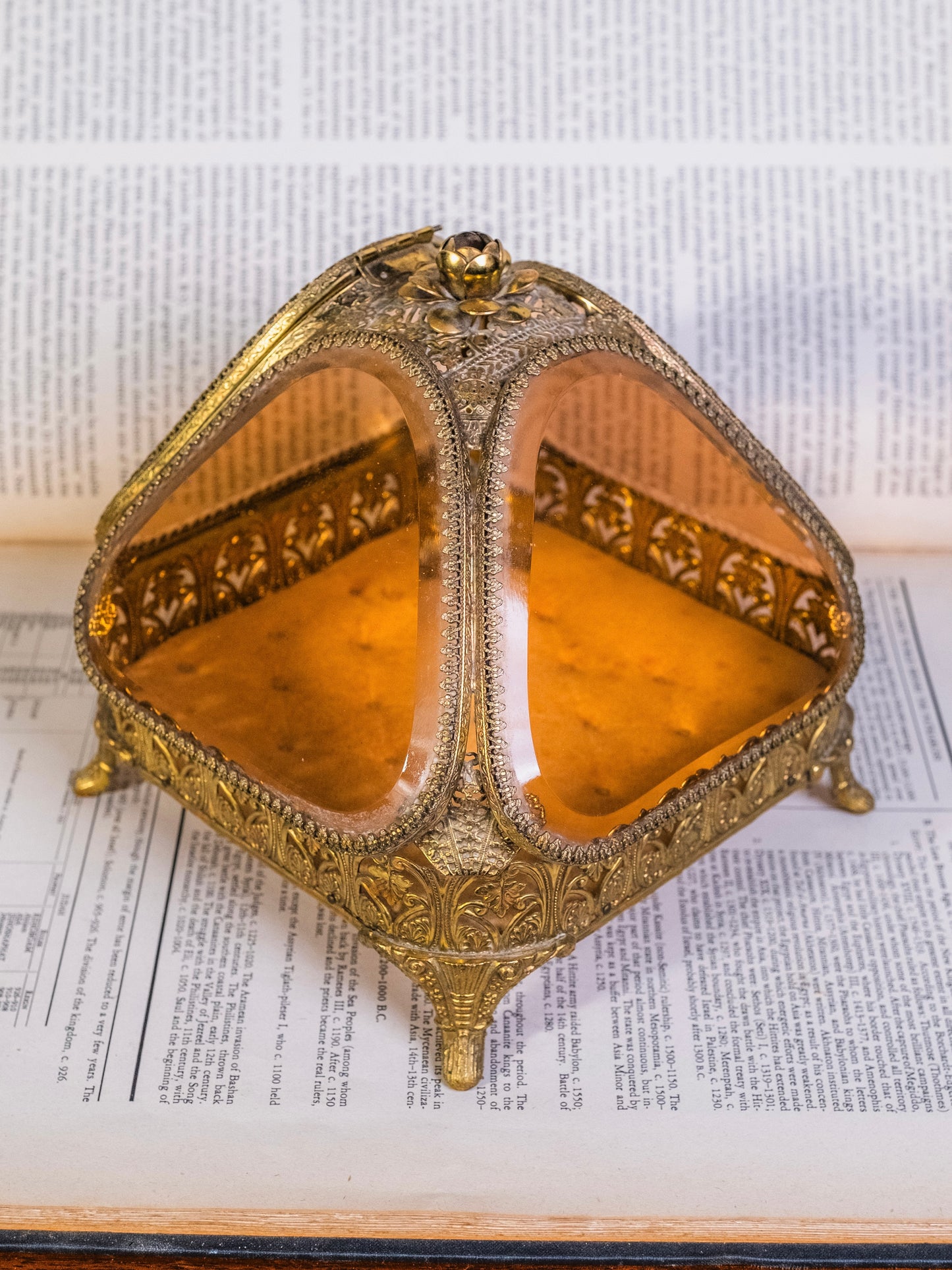 Antique French Ormolu Gold Filigree & Amber Glass Pyramid Box