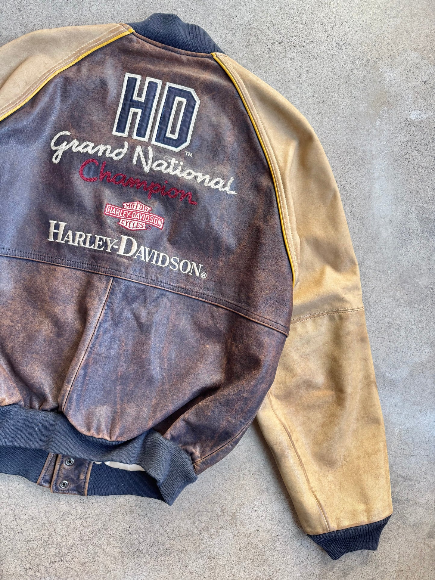 Vintage 1990s Harley Davidson Grand National Champion Leather Bomber Jacket | Medium