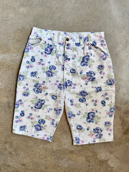 Vintage 1980s Silver Unicorn White & Purple Floral High-Waist Shorts | Waist 30”