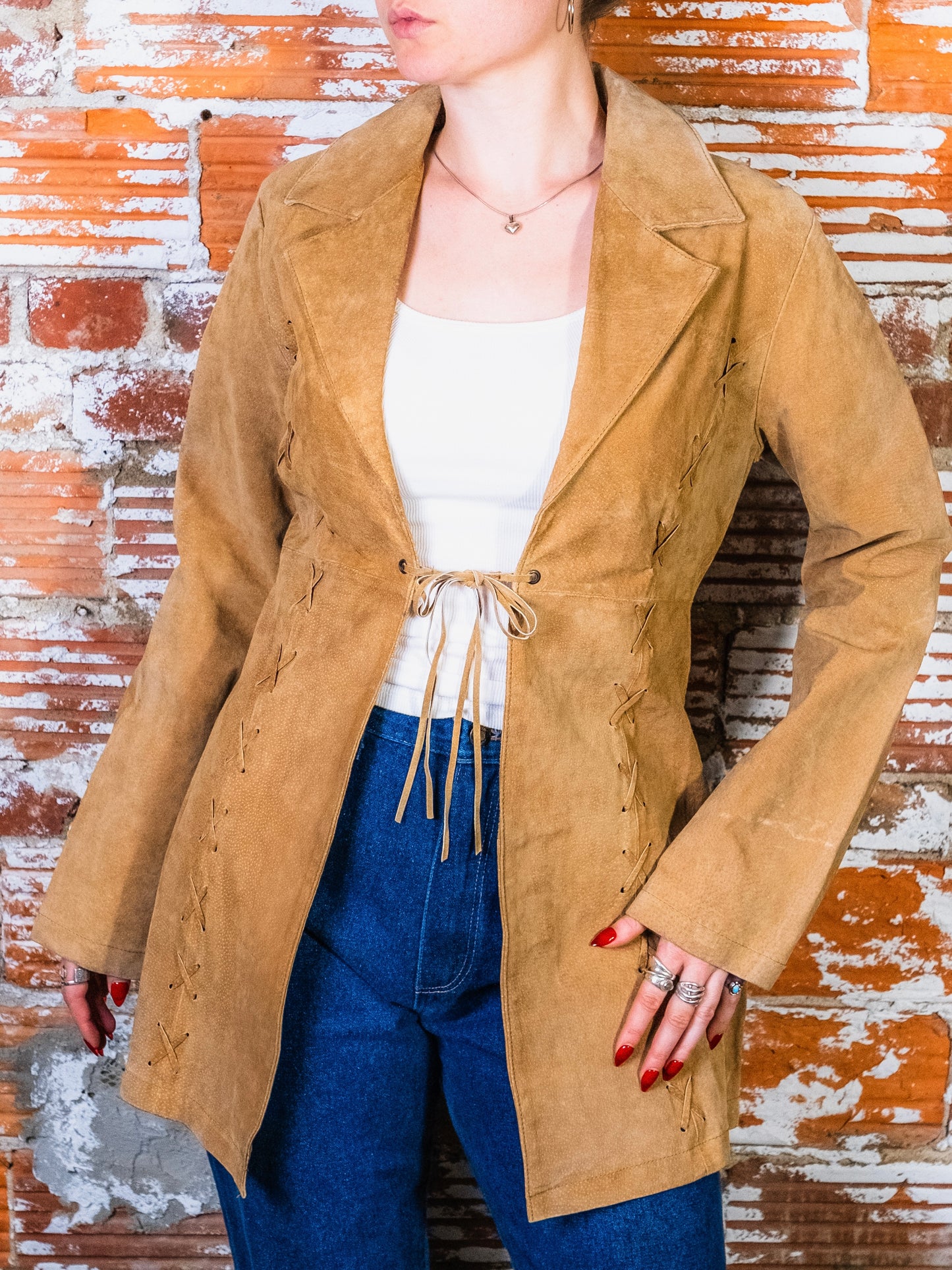 Y2K Wet Seal Lace-Up Tan Suede Leather Jacket | Large