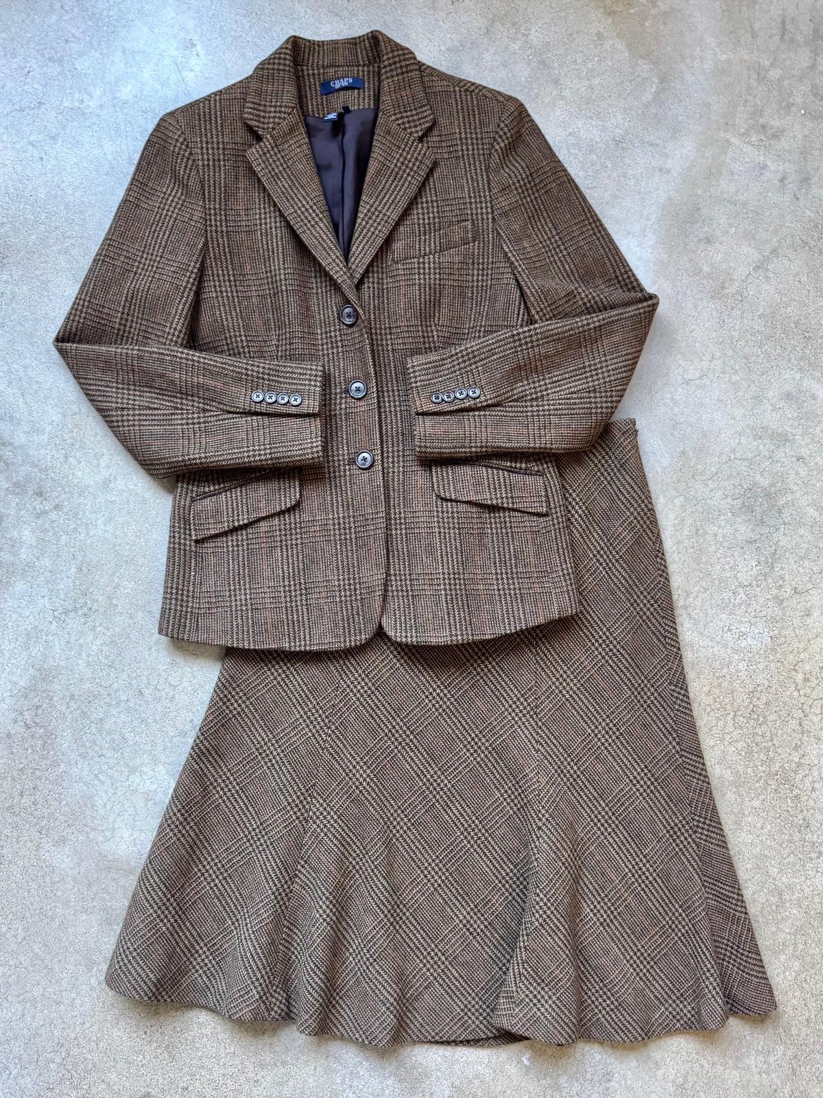 2000s Chaps Brown Plaid Wool-Blend Two-Piece Skirt Suit | Small