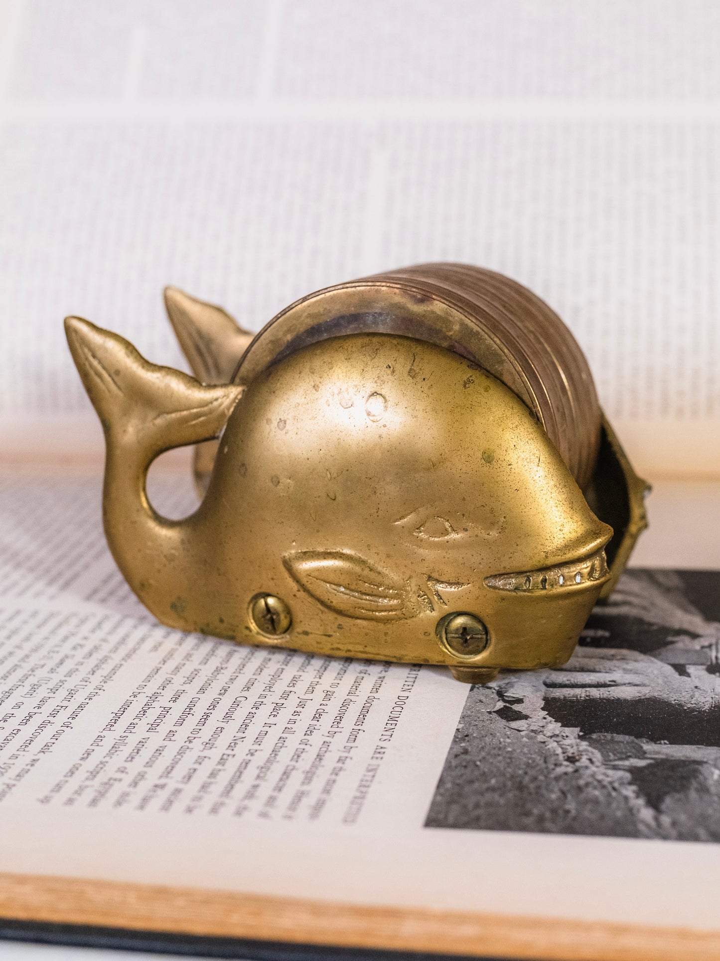 Vintage 1980s Penco Brass Whale Coaster Holder | Set of 6 Coasters