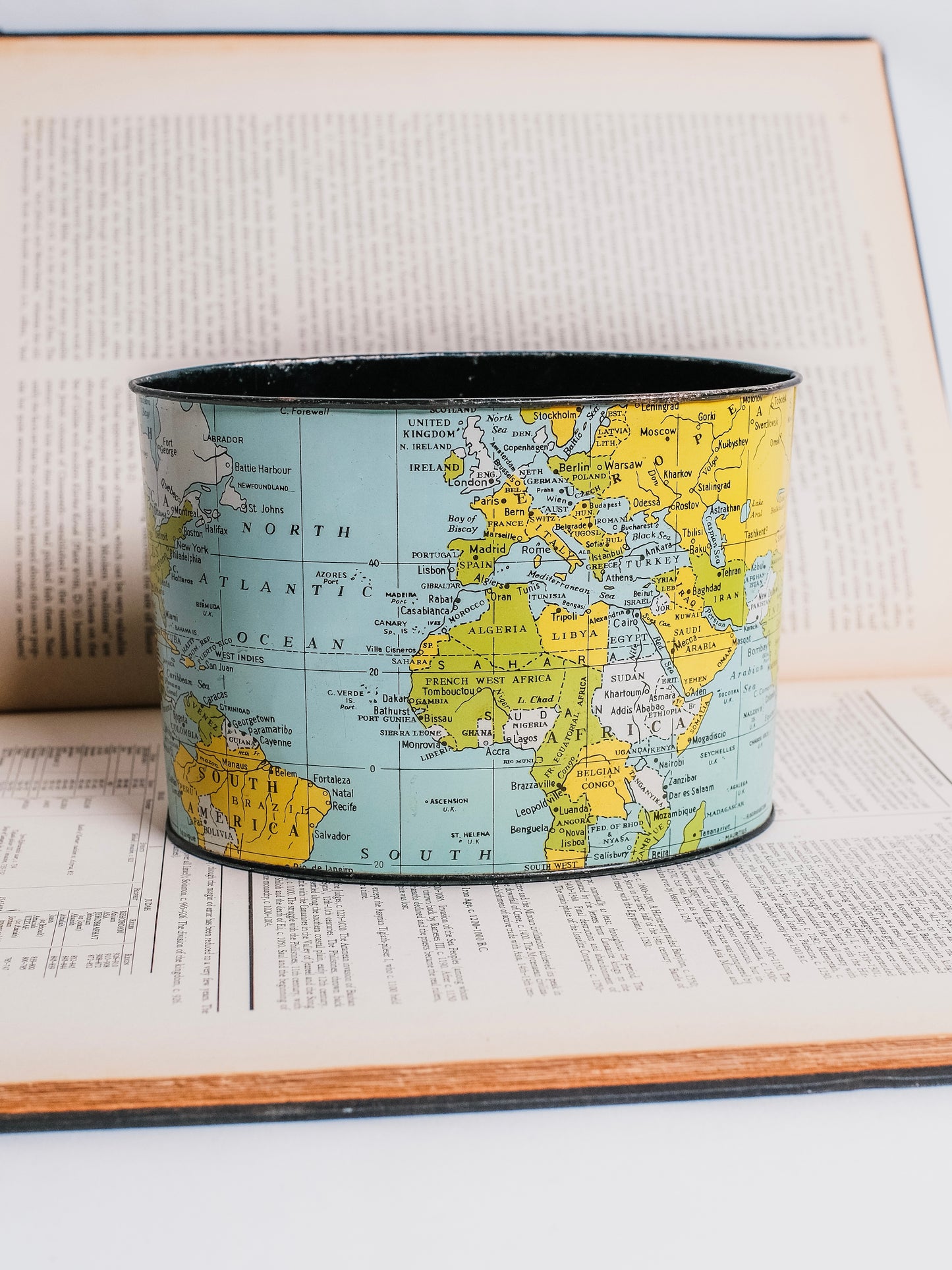 Vintage 1950s Metal Globe Print Desktop Waste Basket