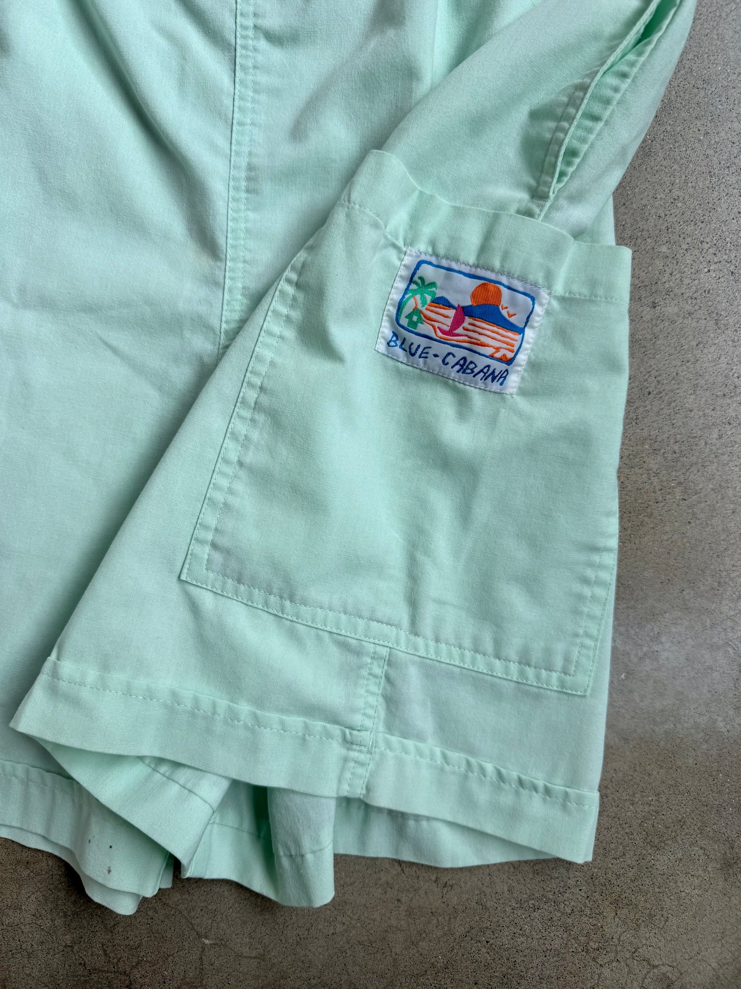 Vintage 1990s Blue Cabana Pastel Green Beach Shorts | Medium