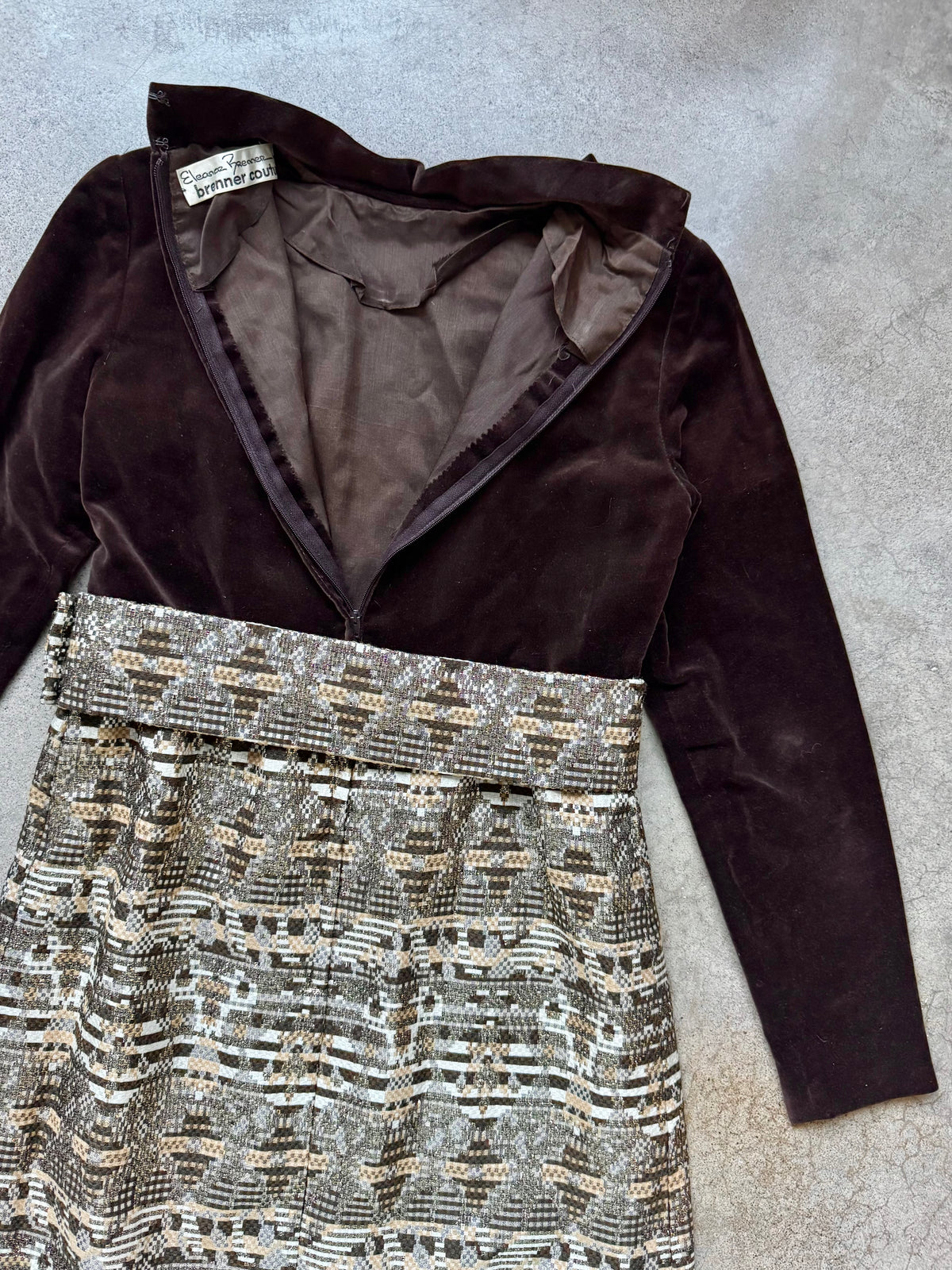 Vintage 1960s Eleanor Brenner Couture Brown Velvet & Gold Jacquard Skirt Long Sleeve Dress | Small