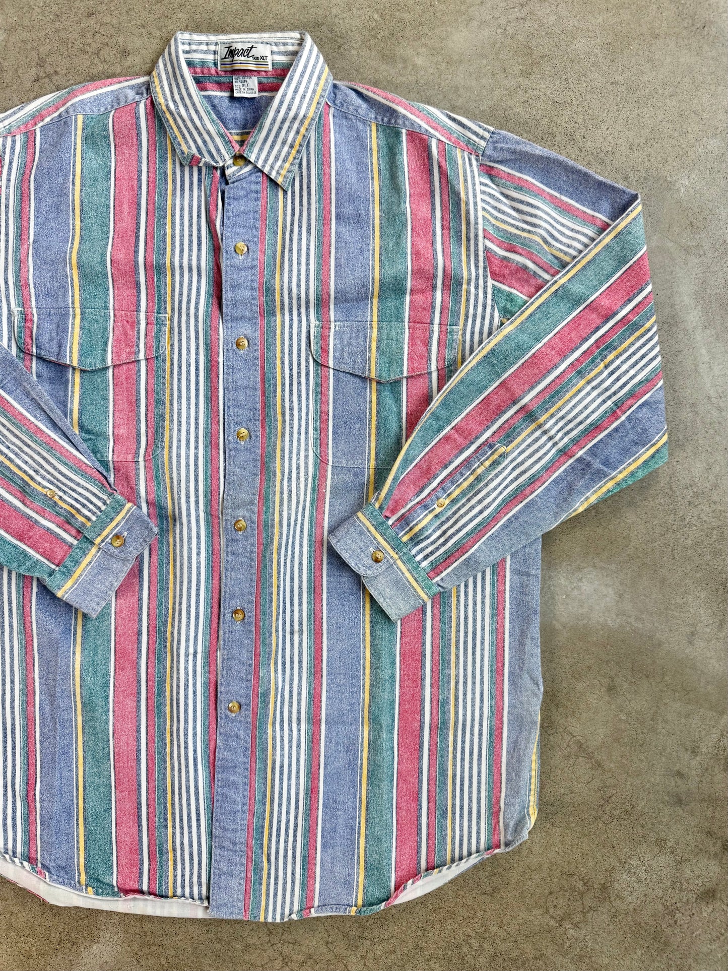 Vintage 1990s Impact Multi-Color Striped Cotton Button-Up Shirt | XLT