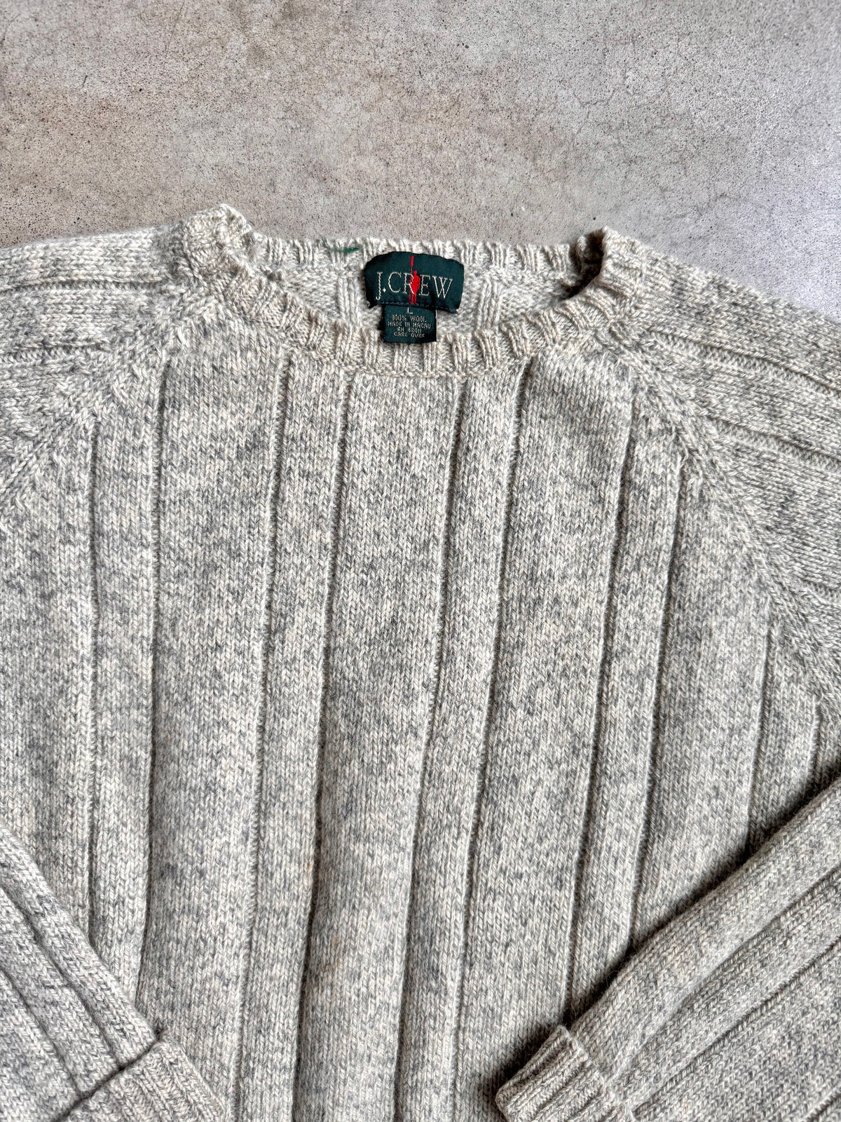 Vintage 1990s J. Crew Grey Rib Knit Wool Oarsmen Crewneck Sweater | Large