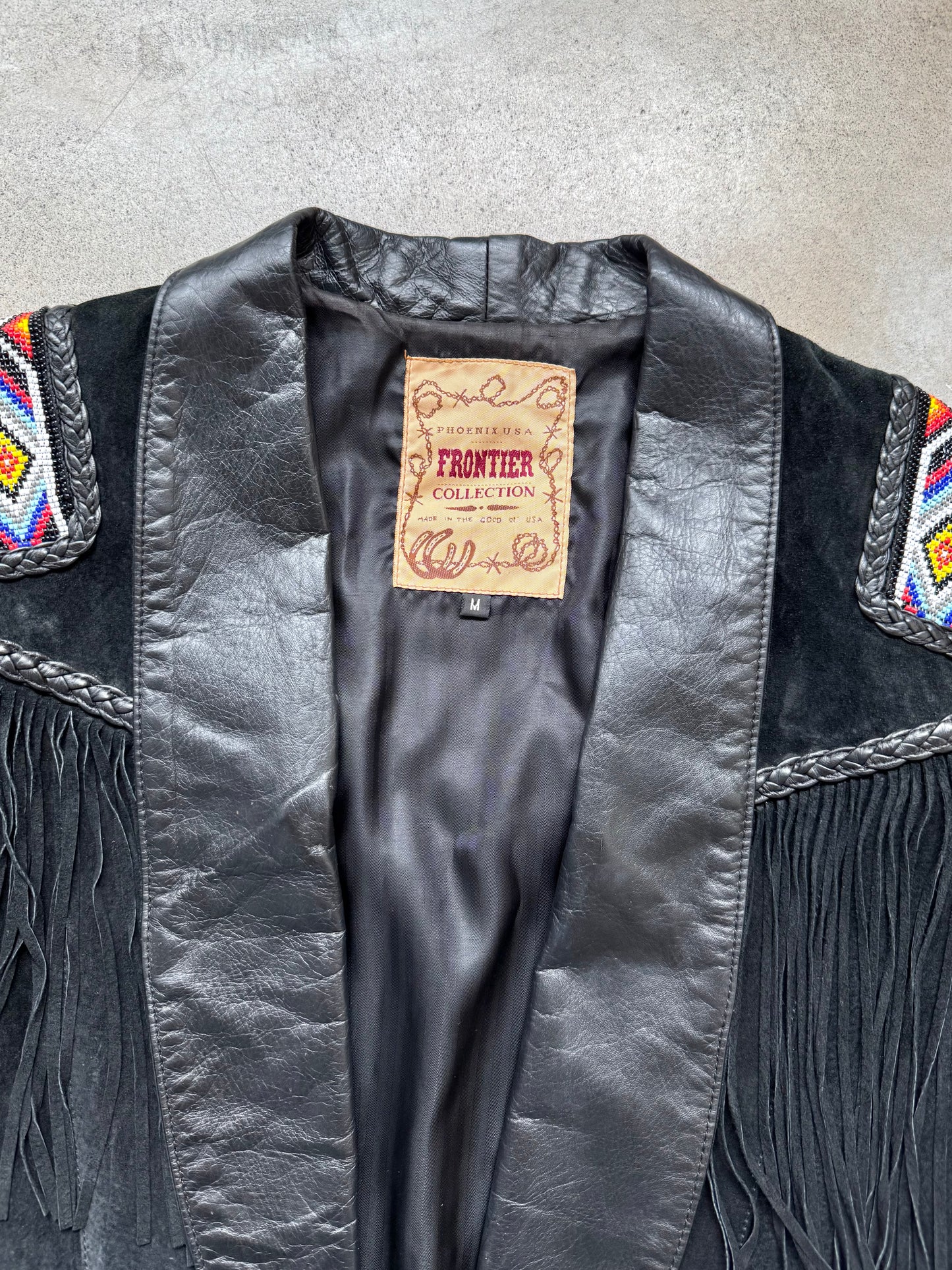 Vintage 1980s Frontier Collection Black Suede Leather Beaded Fringe Western Jacket | Medium