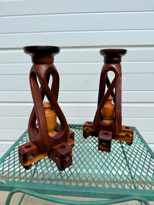 Vintage 1960s Hand-Carved Wood Spiral Candlestick Holders | Set of 2