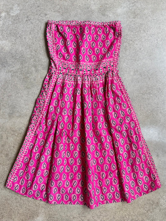Calypso St. Barth Pink Bohemian Block Print Cotton Strapless Dress | XS