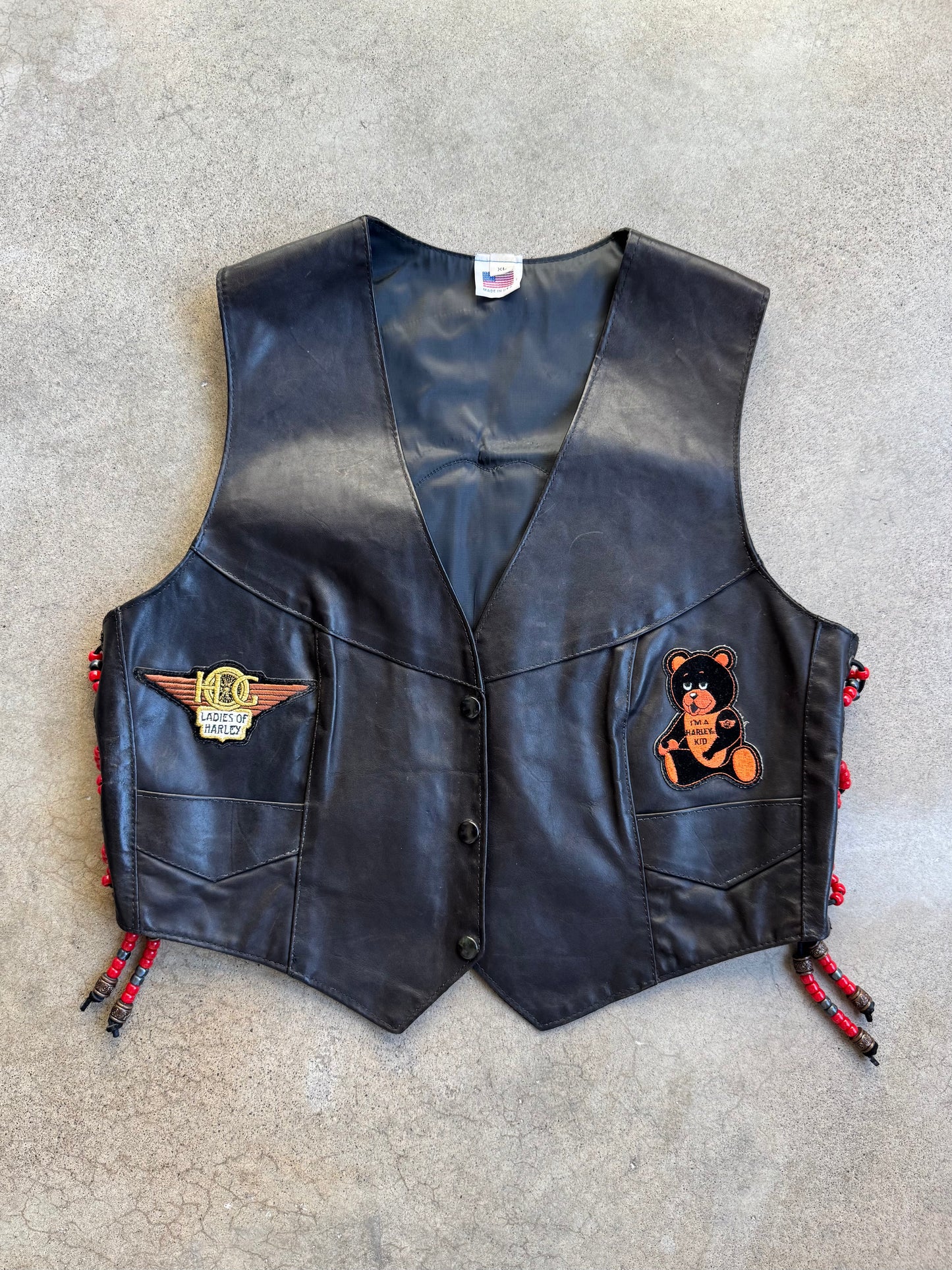 Vintage 1970s Black Leather Beaded Lace-Up Harley Patched Vest | XL
