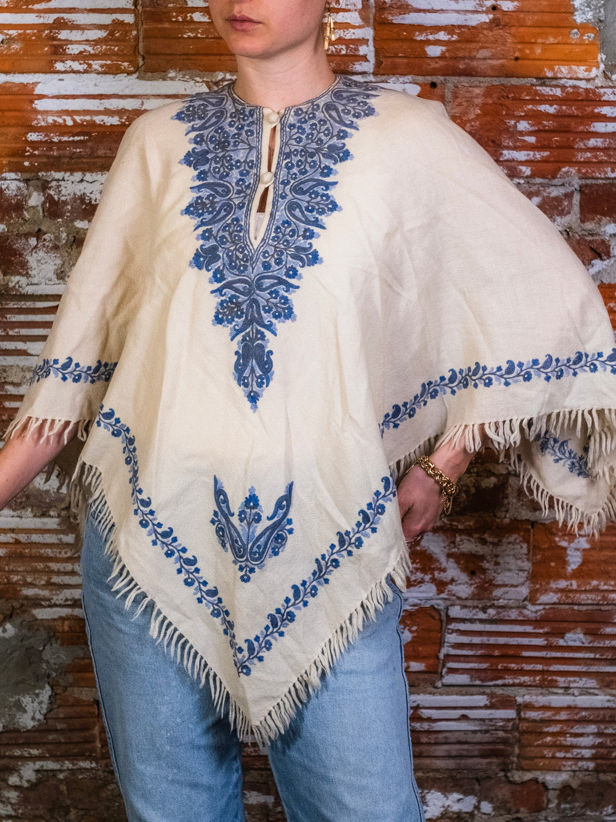Vintage Cream & Blue Kashmiri Embroidered Wool Fringe Poncho | One Size