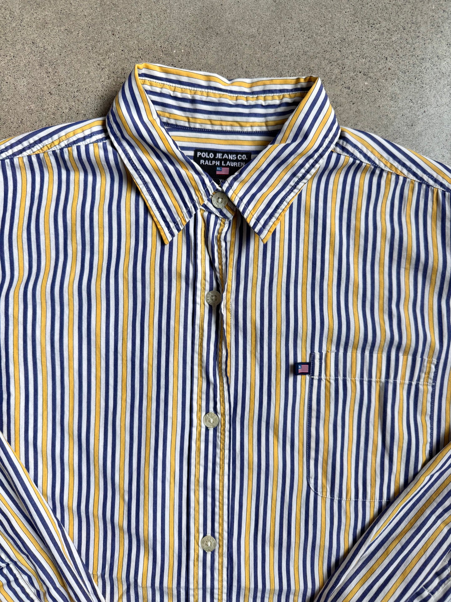 2000s Polo Jeans Co. Blue & Yellow Striped Button-Up Shirt | XL