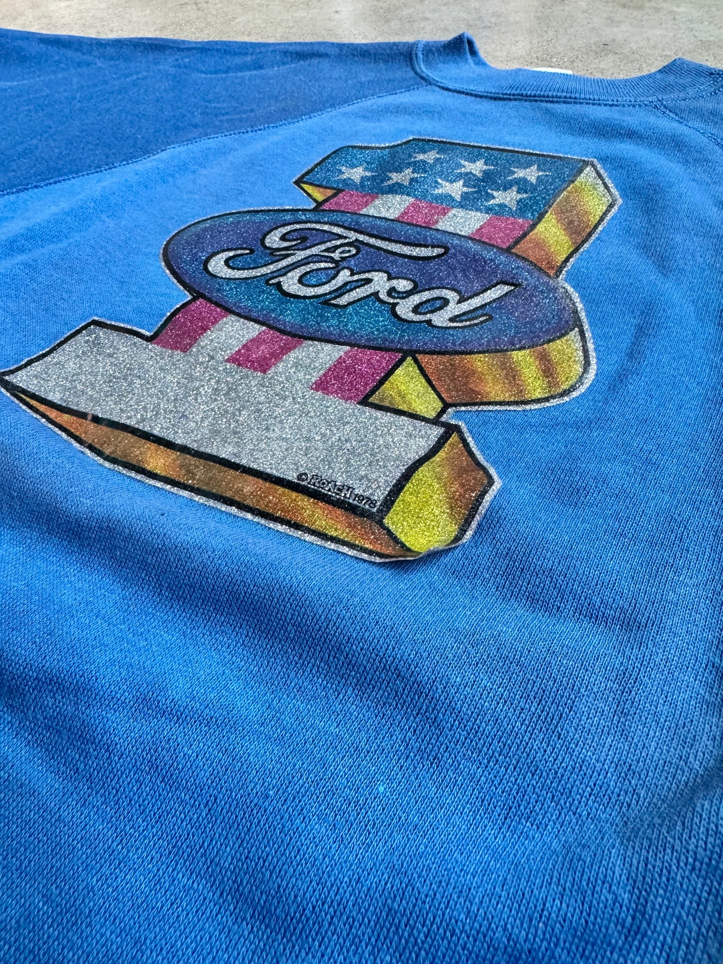 Vintage 1978 Ford Glitter Graphic Blue Short Sleeve Sweatshirt | XL