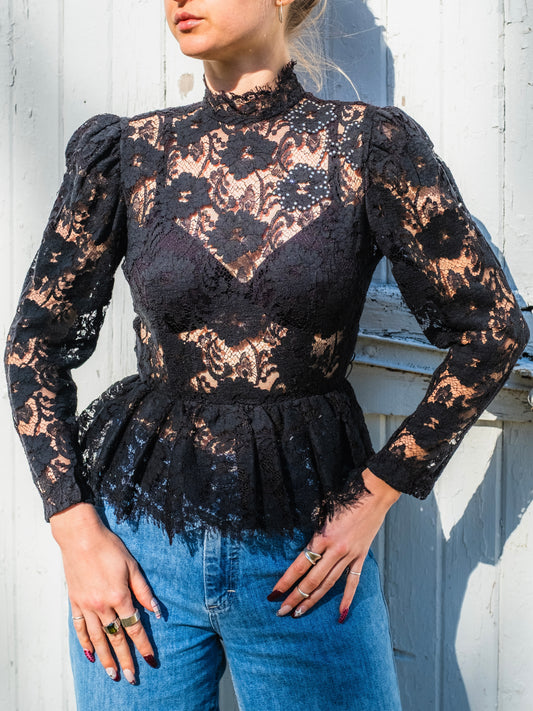Vintage 1980s Black Lace Mesh Victorian-Style Peplum Top | Small