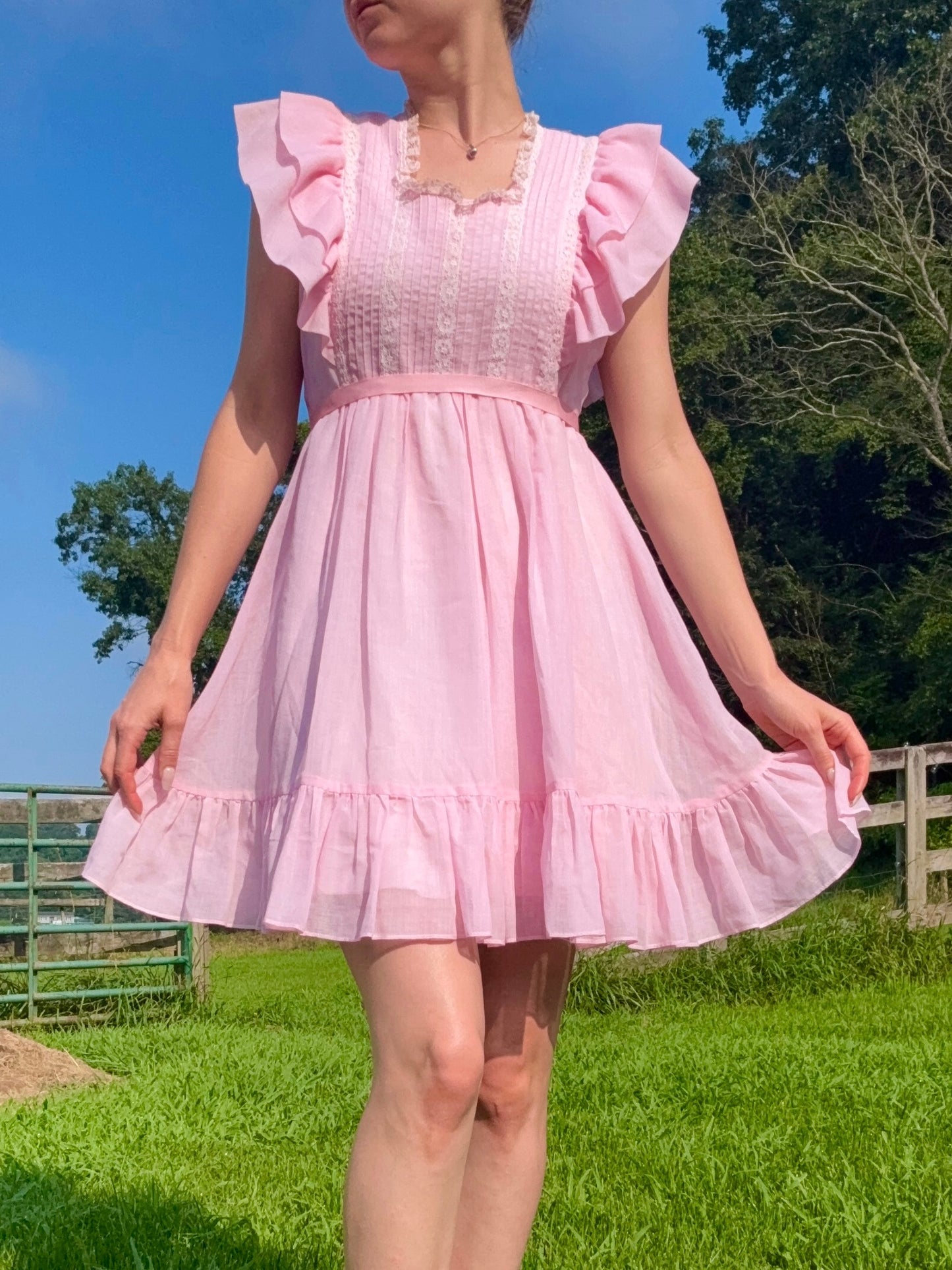 Vintage 1970s Candi Jones California Baby Pink Lace Frilled Babydoll Dress | Medium