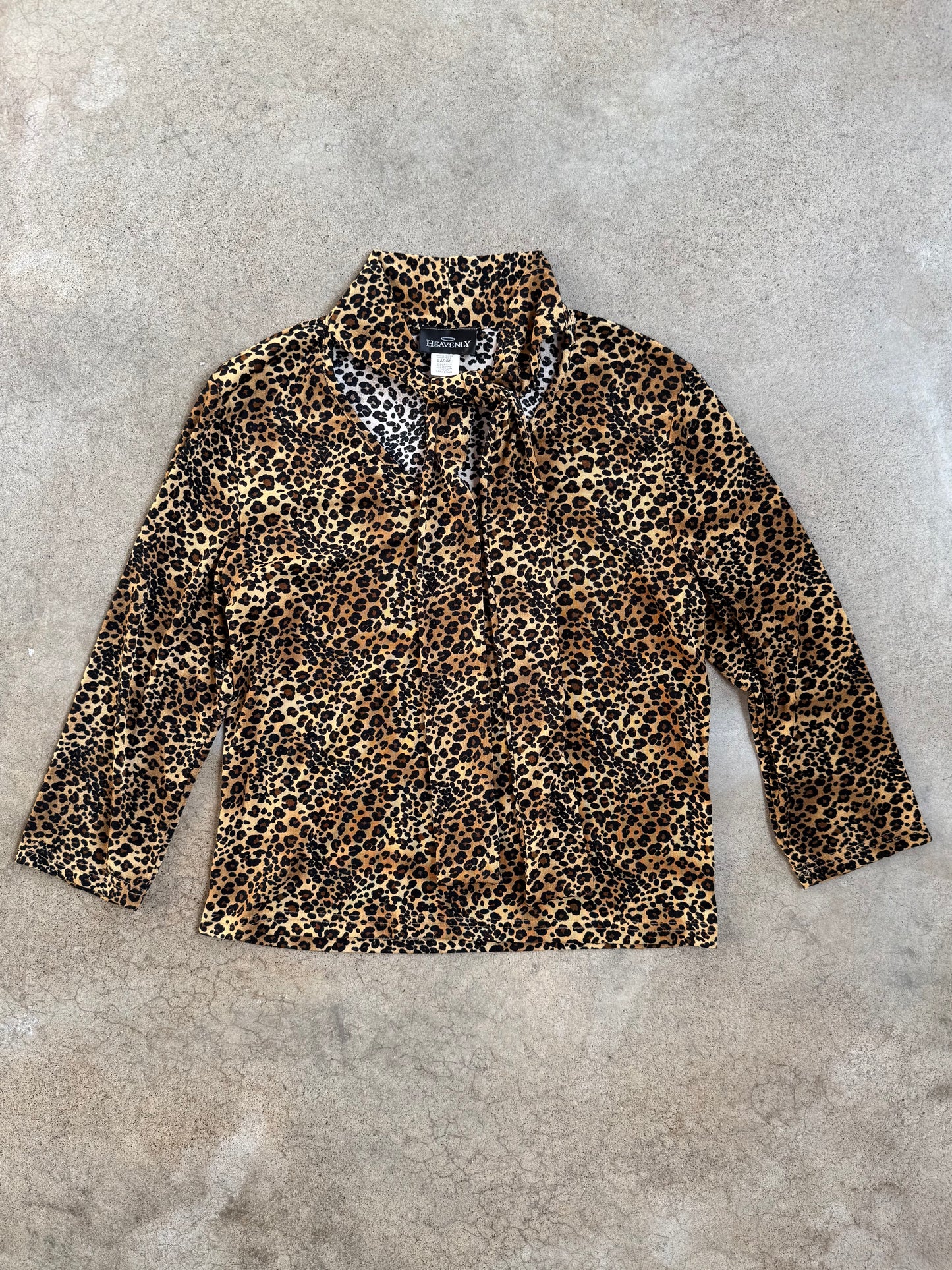 Vintage 1990s Heavenly Leopard Print Tie-Neck Blouse | Large