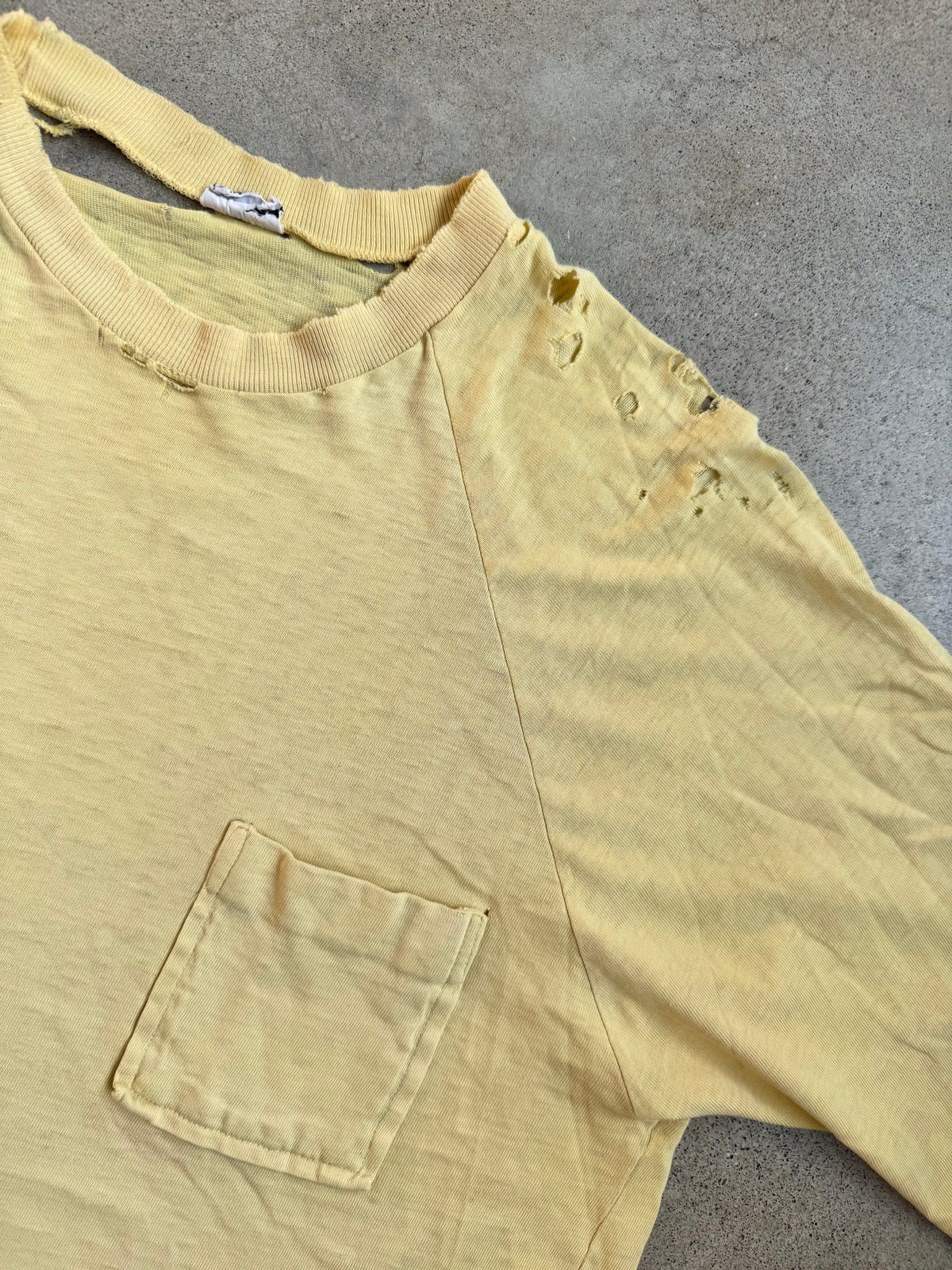 Vintage 1960s Monogram Collection Yellow Distressed Cotton Pocket Tee | Large